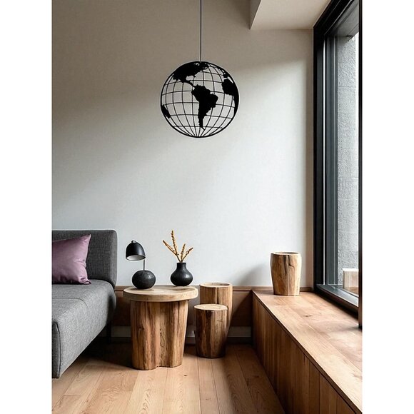 Black Metal Globe Wall Art | Minimalist World Map Hanging Decor - Picture 2 of 5